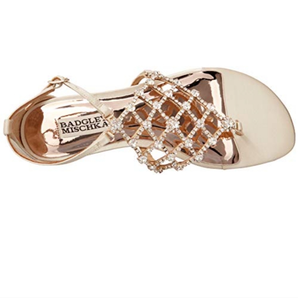 Badgley Mischka Champagne Leather, Ankle Strap Flat Sandal, size 9